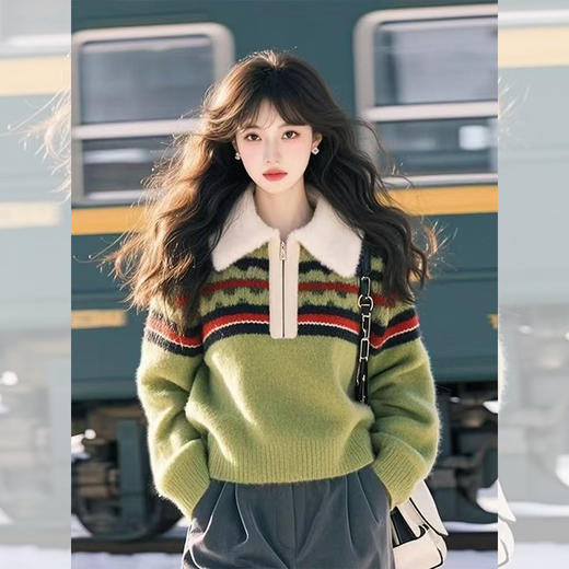 西遇慵懒风条纹撞色毛衣女2026年春季新款设计感软糯polo领上衣SS051917/K0060082 商品图2