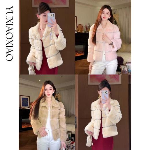 余潇潇【灵感缪斯】100雷克斯獭兔毛内里夹棉水钻织带气质翻领皮草 商品图0