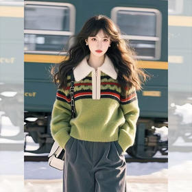 西遇慵懒风条纹撞色毛衣女2026年春季新款设计感软糯polo领上衣SS051917/K0060082