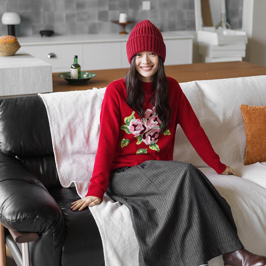 绽放823朵/纯山羊绒毛衫撞色花朵落肩半高领套头毛针织衫内搭毛衣 商品图2