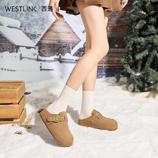 西遇厚底加绒勃肯鞋女冬季新款一脚蹬包头半拖鞋外穿毛毛棉拖K0057318 商品图3