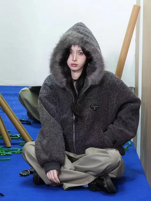 D120414冬季2025仿羊绒毛领高级灰连帽棉服外套男女同款 商品图7