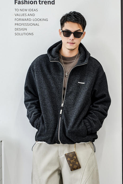 徐太浪【毛绒感 休闲风】加绒开衫卫衣男秋冬款抽绳收腰连帽外套 商品图5