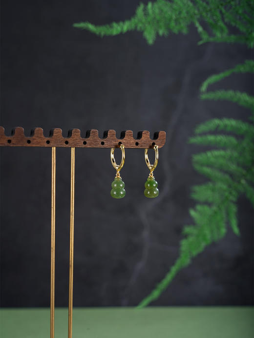 子佩集【福禄双收】银S925耳环【EJ00727】镀金葫芦和田碧玉圆圈扣环古法银2511 商品图1