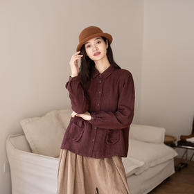 绽放799朵/色织亚麻法式文艺翻领长袖小口袋衬衫秋冬新款叠搭小衫