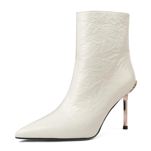 【预售7天】8.5cm时尚尖头细跟短筒显瘦靴女百搭纯色韩版风牛皮后拉链时装靴 商品图3