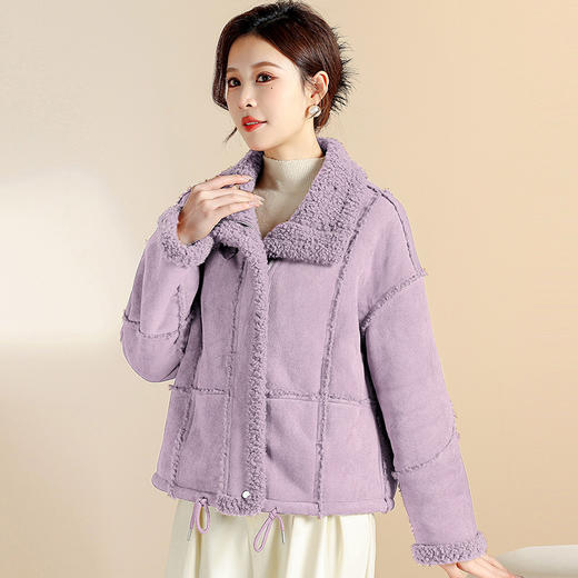 QYM CS25D132韩系复古羊羔毛皮毛一体短外套时尚毛边麂皮绒保暖上衣 商品图2