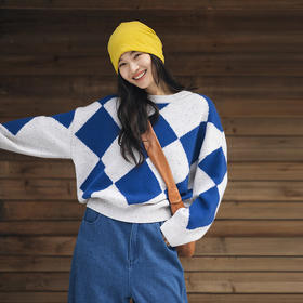 绽放857朵/蓝菱格·纯羊毛蓝白菱形格圆领宽松长袖毛衣新款羊毛衫