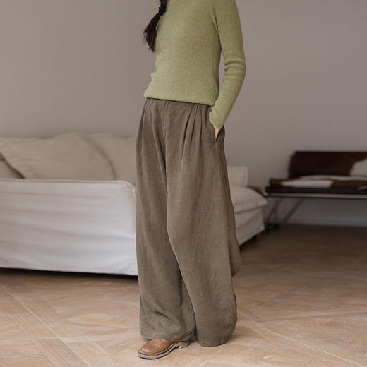 绽放666朵/加厚亚麻半腰松紧宽松阔腿裤女显瘦松弛感休闲裤冬新款 商品图1