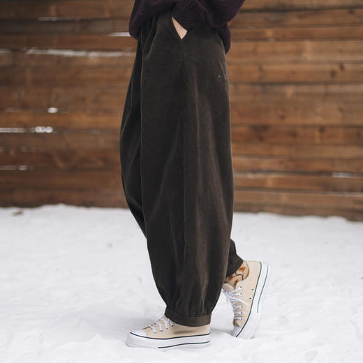 特绽放852朵/信步·纯棉灯芯绒长裤高腰压褶收脚口长款卫裤女休闲裤 商品图1