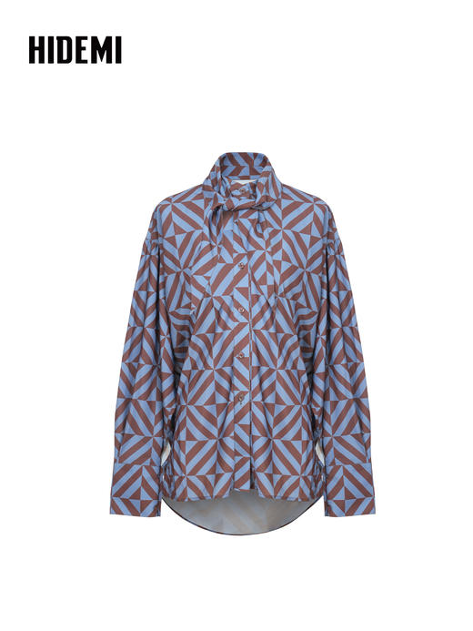 HIDEMI 经典几何印花丝巾绑带式大廓形极简宽松缎面衬衫 商品图0