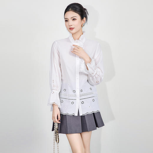 「高货wl」全新升级【铂金会员293/天猫389/差价96】(95125)洛诗琳浪漫蕾丝花边立领衬衫2025秋季设计感刺绣镂空上衣 商品图0