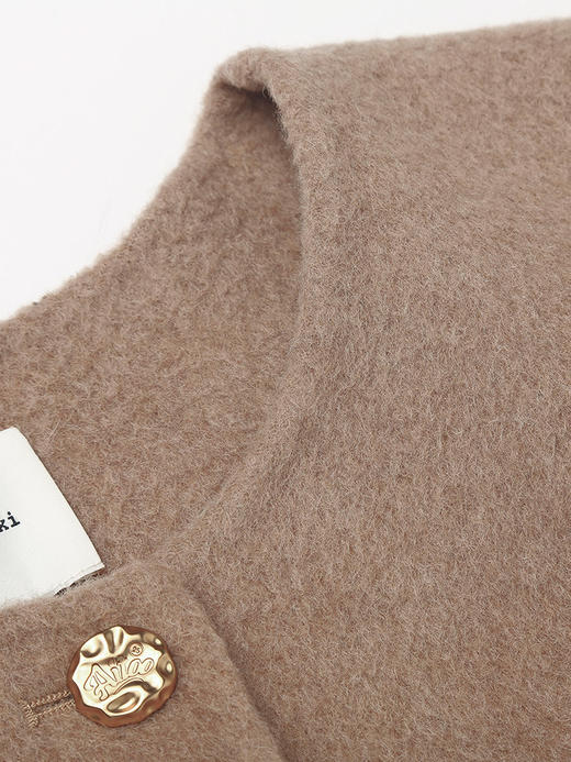 驼色羊毛短款开衫 金属亮片纽扣四口袋圆领上衣 法式优雅通勤风秋冬质感外套 商品图2