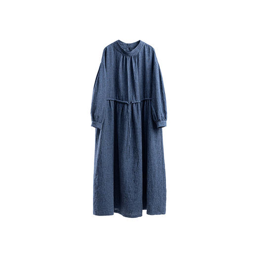 绽放820朵/加厚色织亚麻立领腰部加抽绳长袖连衣裙冬季内搭长裙女 商品图4