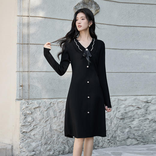 奢姿大码女装2025冬季减龄蝴蝶结时尚连衣裙胖妹妹娃娃领针织裙子9854853897 商品图0