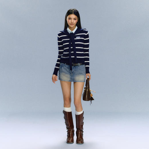 Ariseism 美式复古设计感海军风条纹针织衫女秋冬新款修身上衣 商品图3