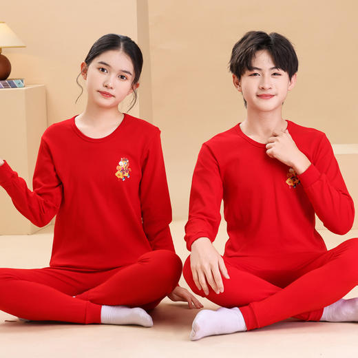 2026年马年儿童青少年中大童新年龙年纯棉A类大红色本命年不掉色加厚磨毛秋衣秋裤家居服套装110-170cm 商品图1