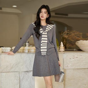 奢姿大码女装2025冬季减龄条纹披肩设计圆领两件套胖妹妹时尚套装9854991065