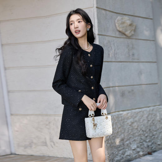 奢姿2025大码小香风套装女圆领亮丝短外套高腰短裤气质时尚两件套9954970509AB 商品图0