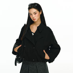 Ariseism 美式复古设计感黑色大衣式夹棉外套女秋冬新款修身上衣