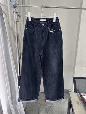 贝壳三 慵懒感高腰棉质阔腿裤弹力休闲翻边女士牛仔裤C120521