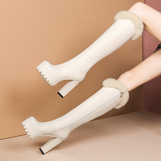 【预售5天】长筒靴真皮靴气场开超高跟防水台毛毛有型显瘦粗跟不过膝靴JX-5029 商品图2