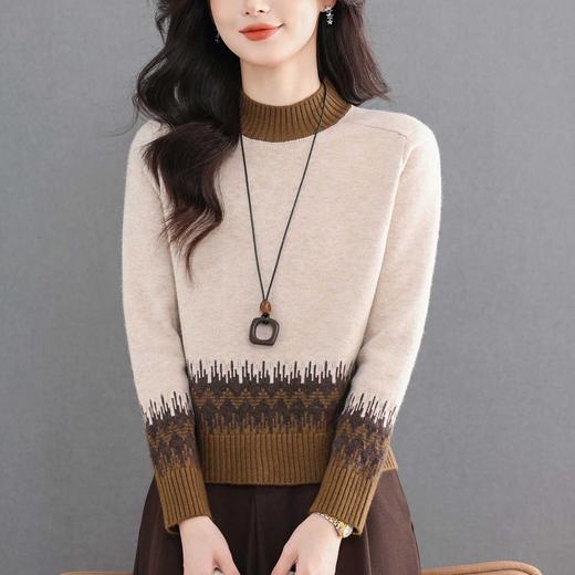 拼色半高领波浪纹提花，宽松显瘦气质通勤针织打底上衣CC-103-82520 商品图0