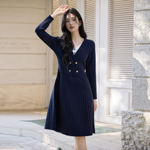 奢姿大码女装2026冬季气质V领假两件连衣裙胖妹妹时尚针织裙子9851890332 商品图4