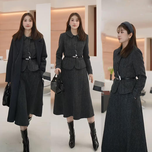 剩S/M/L/XL 【时光套装】米思阳2026春季新款优雅高级感羊毛保暖时尚套装气质收腰外套大摆裙两件套女5253 商品图1