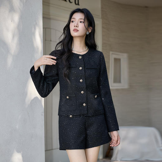 奢姿2025大码小香风套装女圆领亮丝短外套高腰短裤气质时尚两件套9954970509AB 商品图1