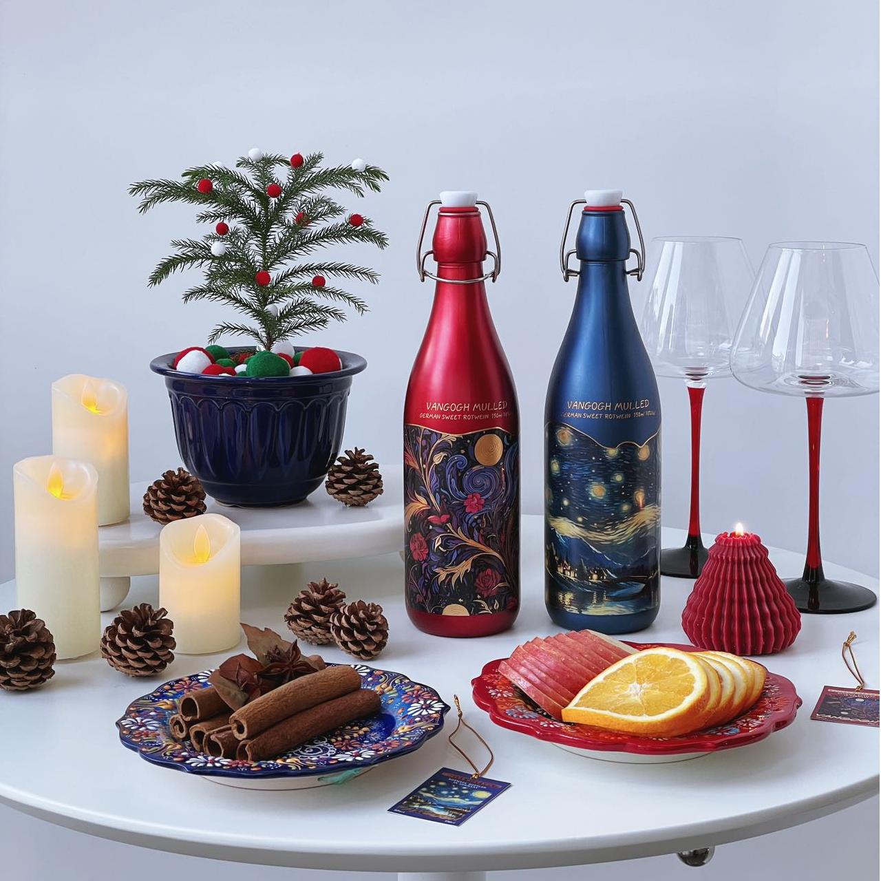 高奢艺术品送礼！圣诞节送礼【梵高星月夜德国红绿果系甜红酒5件套】