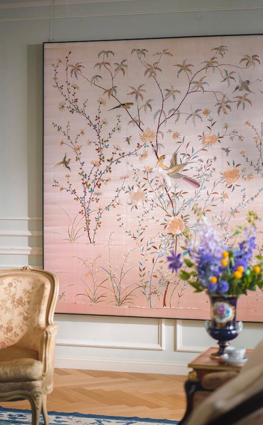 独角鹿西洋古董1920年代中国出品「锦上添花」传统东方花鸟主题大型粤绣挂屏 商品图1