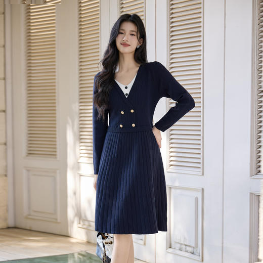 奢姿大码女装2026冬季气质V领假两件连衣裙胖妹妹时尚针织裙子9851890332 商品图1