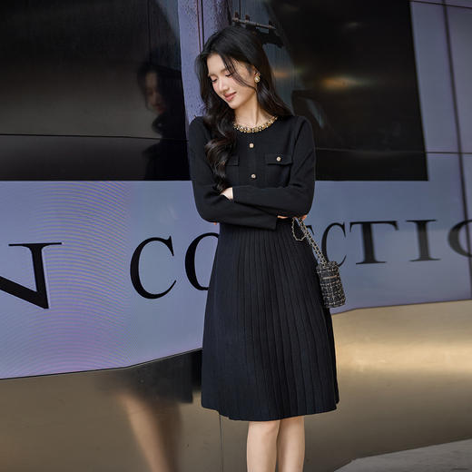 奢姿大码小香风针织连衣裙女秋冬胖妹妹重工钉珠中长款毛衣裙子9853853887 商品图2