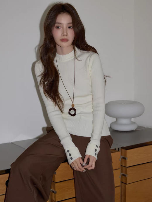 袖扣子厚一点正肩羊毛抗起球混纺针织基础打底衫 商品图3