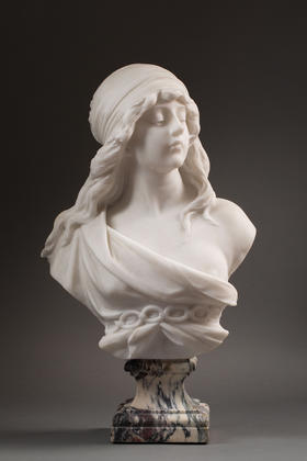 独角鹿西洋古董1900年代意大利雕塑家Adolfo Cipriani签名创作新艺术风格卡拉拉大理石少女半身像雕塑作品