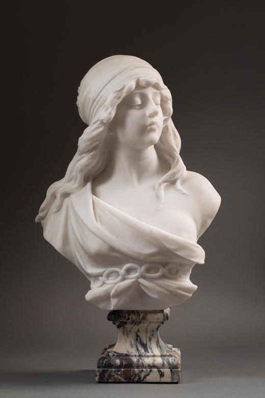 独角鹿西洋古董1900年代意大利雕塑家Adolfo Cipriani签名创作新艺术风格卡拉拉大理石少女半身像雕塑作品 商品图0