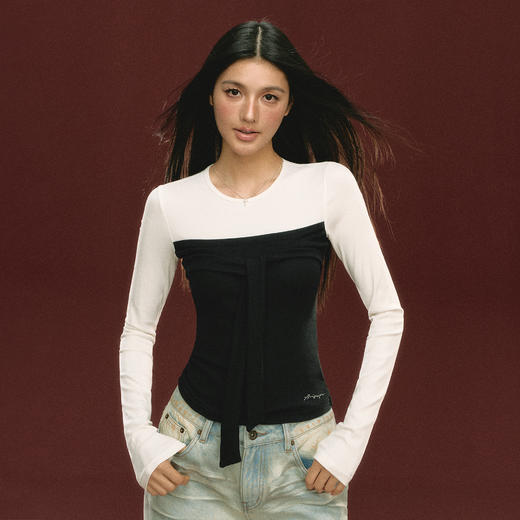 Ariseism 美式复古设计感假两件长袖T恤女秋季新款修身上衣 商品图0