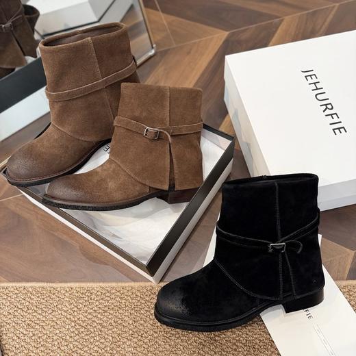 JEHURFIE/纪华菲磨砂牛皮！翻折木纹跟西部短靴 商品图0