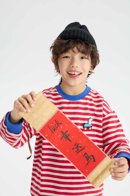 MANHOJIA【好运小马T】儿童长袖新年好事发生小马棉亲子条纹T恤 商品图1