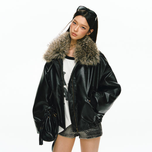 Ariseism 美式复古设计感可拆卸毛领棉服皮外套女冬新款修身上衣 商品图0