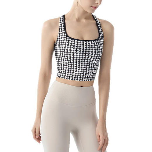 跃牌【海听系列】固定胸垫运动内衣女千鸟格印花瑜伽背心防震健身文胸XC110 商品图4