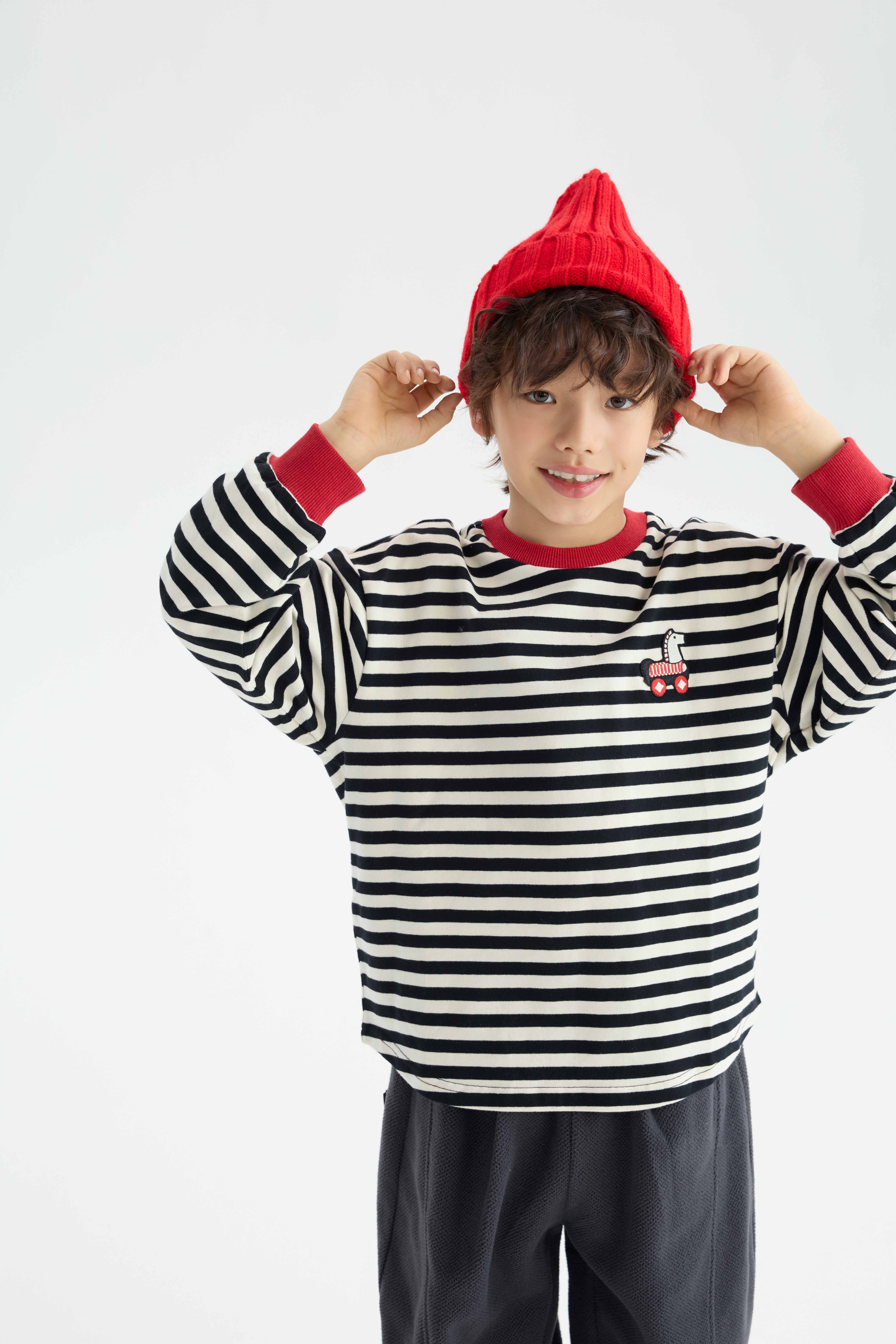 MANHOJIA【好运小马T】儿童长袖新年好事发生小马棉亲子条纹T恤