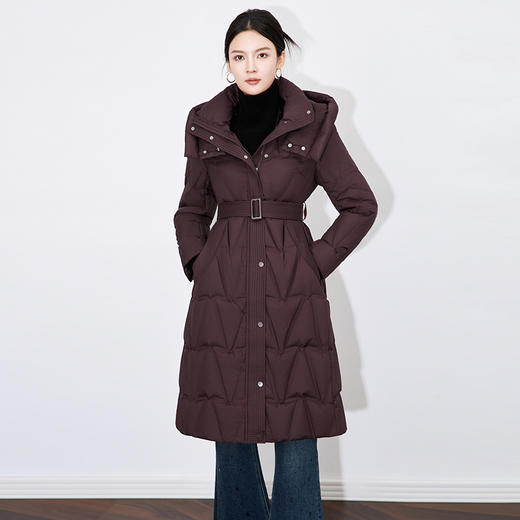 简约连帽收腰系带御寒保暖长款90白鸭绒羽绒服WLZD2432508 商品图0
