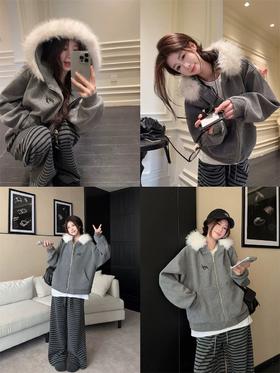 <曾小咸推荐> 美式复古可拆卸毛领连帽卫衣 日常159.99/件 活动价109.99！！【预售款，预计3-15天发货】