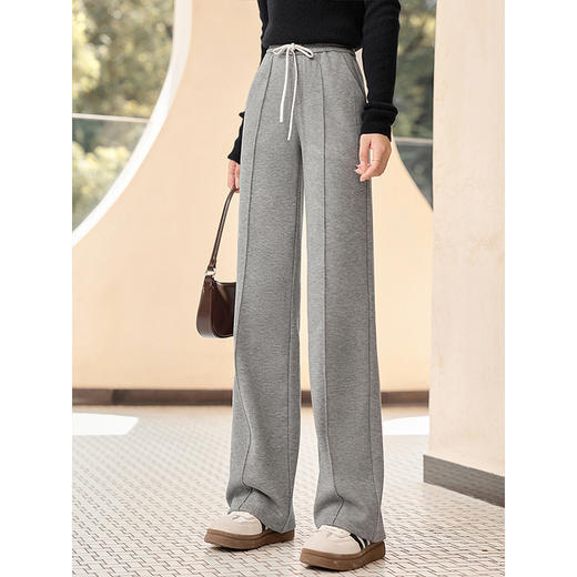 【年终特卖】熙世界灰色窄版阔腿裤秋冬加绒裤高腰垂感宽松休闲直筒运动卫裤 商品图4