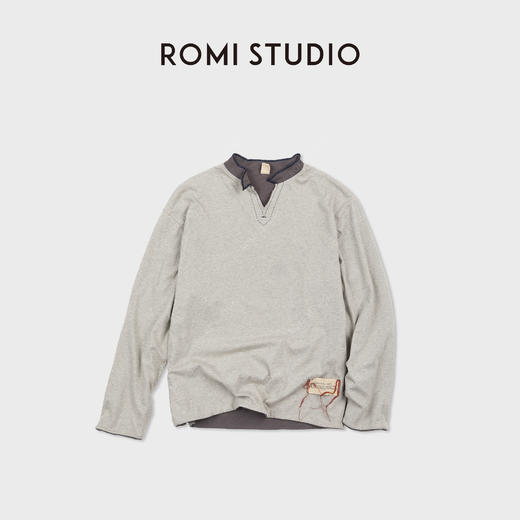 ROMI STUDIO“随性两穿”竹节棉织染撞色小v领套头卫衣 RWCASY6442 商品图5