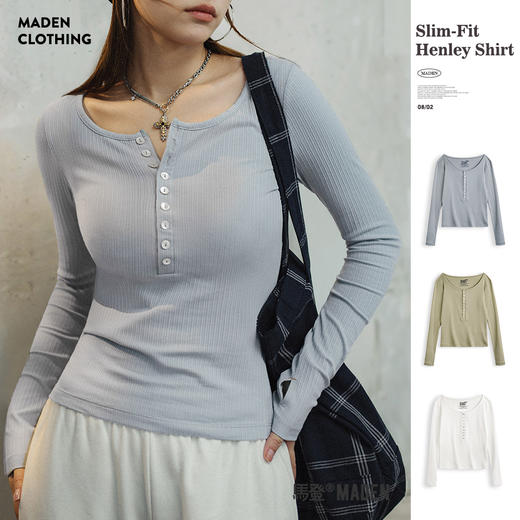 马登美式休闲亨利衫针织打底衫修身内搭长袖t恤新款日常百搭上衣女秋 商品图1
