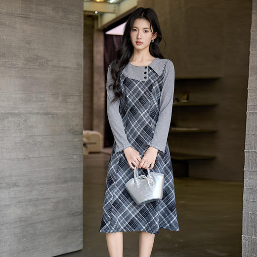 奢姿大码女装2025冬季减龄格纹连衣裙胖妹妹娃娃领设计时尚裙子9954894337 商品图4