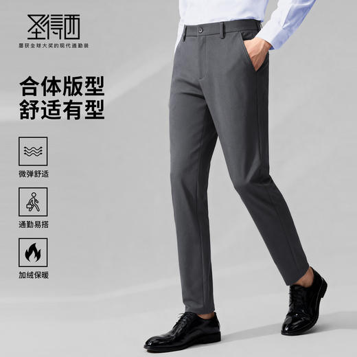 圣得西2025年冬季男士商务休闲裤内里加绒加厚直筒保暖抗皱长裤 商品图0